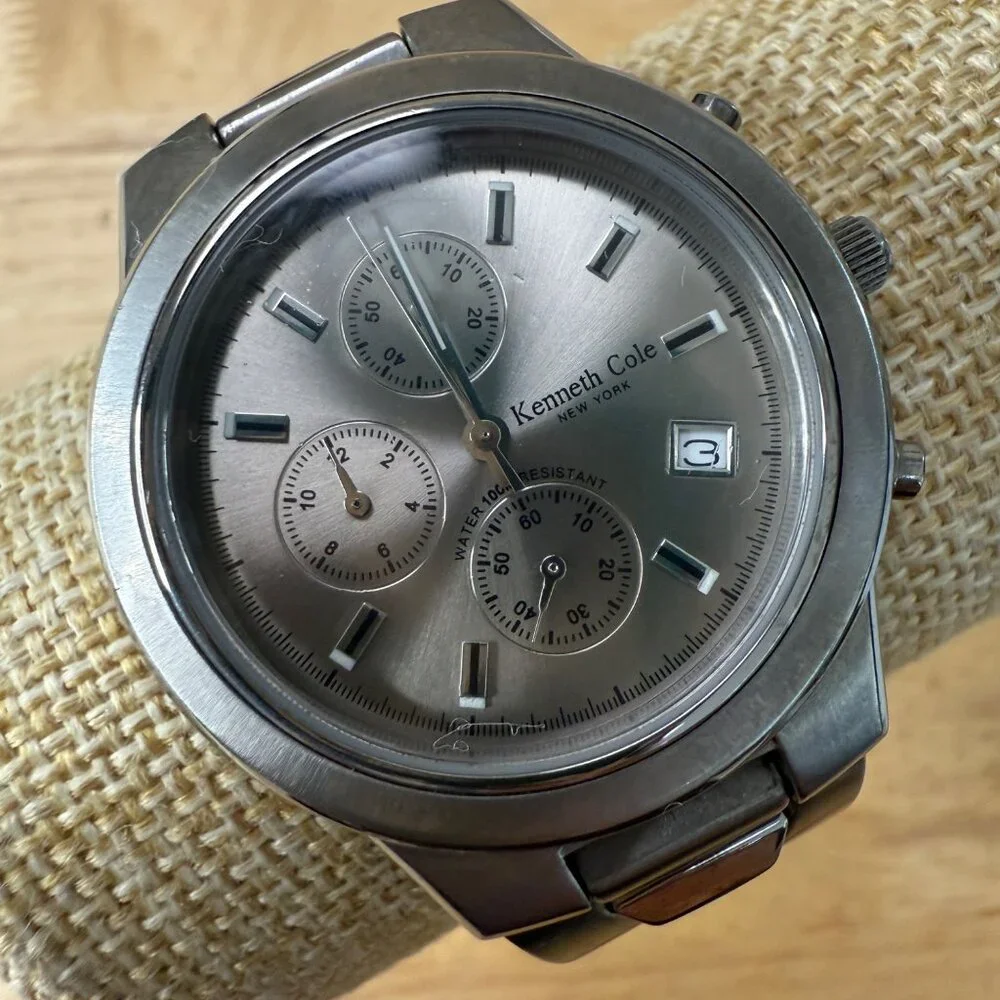 Kenneth Cole Mens Stainless Steel Chronograph Watch Silver Needs Battery